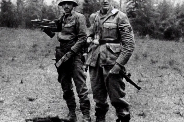 Prompt: Lionel Messi standing with a gun in world war 2, vintage photograph