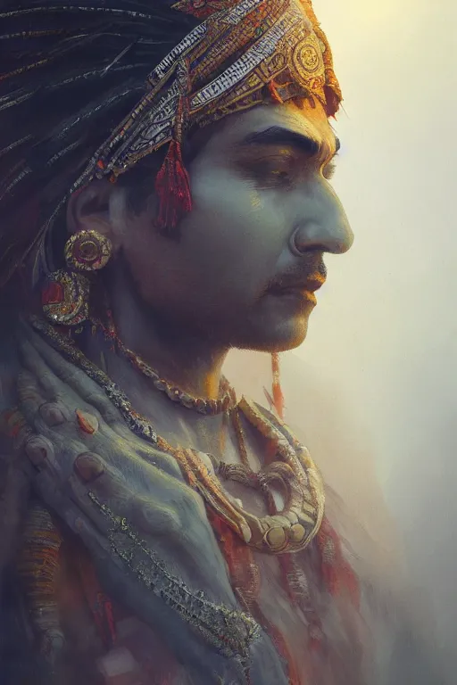 Prompt: indian god, close - up portrait, powerfull, intricate, elegant, volumetric lighting, scenery, digital painting, highly detailed, artstation, sharp focus, illustration, concept art, ruan jia, steve mccurry