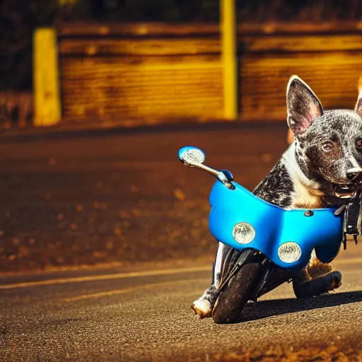 Image similar to blue heeler dog on a motorcycle, 8 k photography, blurred background of a wafflehouse