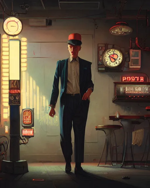 Prompt: young Frank Sinatra as a poor 1950s bartender, dystopia, 1980s Soviet Russia, steampunk, cyberpunk Stephen Bliss, unreal engine, fantasy art by Greg Rutkowski, Loish, Rhads, Makoto Shinkai and Lois van baarle, ilya kuvshinov, rossdraws global illumination, radiant light, detailed and intricate environment