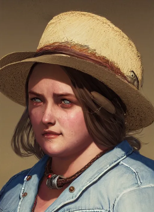 Image similar to highly detailed portrait of chubby woman wearing a white wide brim straw hat and a denim jacket, determined. red dead redemption art, unreal engine, fantasy art by greg rutkowski