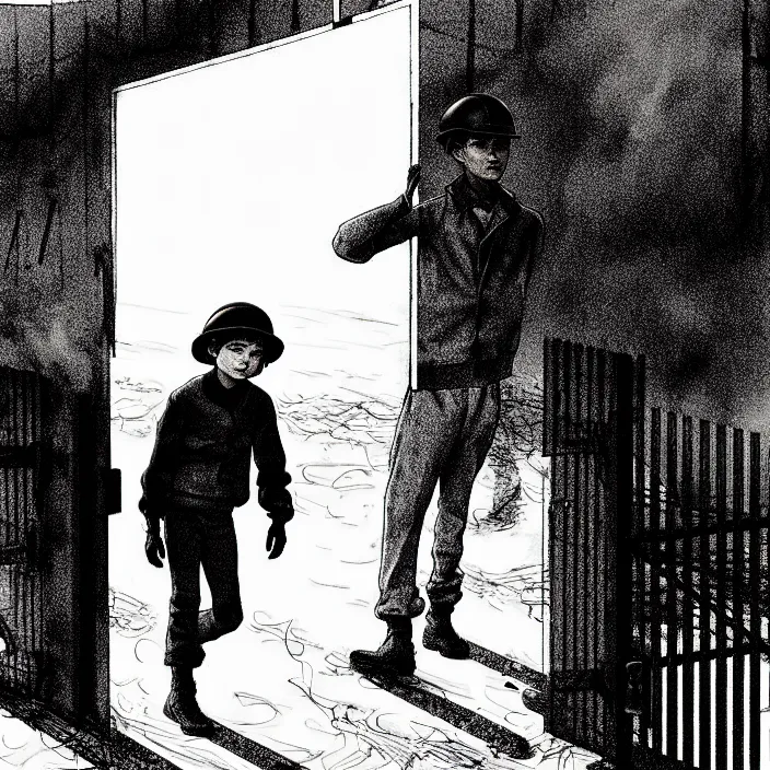 Prompt: [ sadie sink in dirty workmen clothes waves goodbye ] to workmen. near a gate. background : factory, dirty, polluted. technique : black and white pencil and ink. by gabriel hardman, joe alves, chris bonura. cinematic atmosphere, detailed and intricate, perfect anatomy