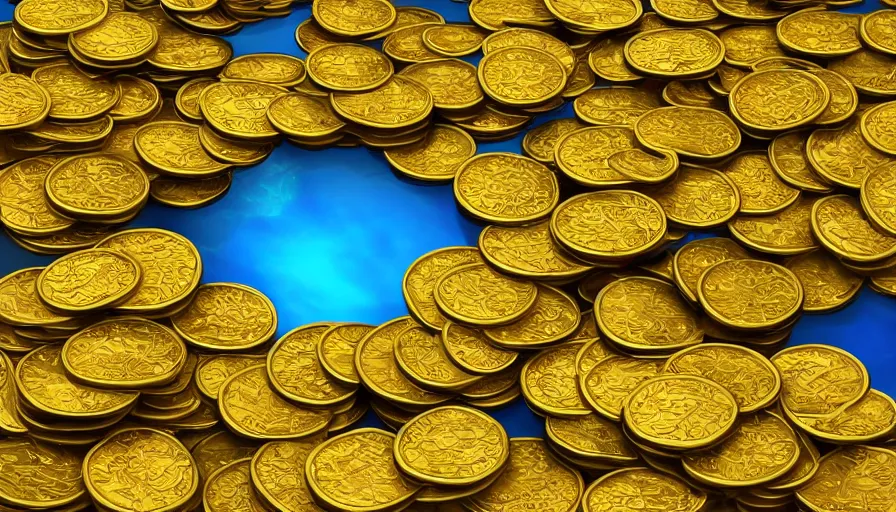 Image similar to a swimming pool full of gold coins, digital art, highly detailed, realistic, bright colors, 8 k