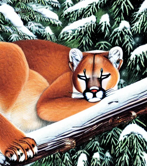 Image similar to damaged postcard of 'a cougar sleeping in the middle of snowy pine tree' laying on coffee table, zoomed out shot