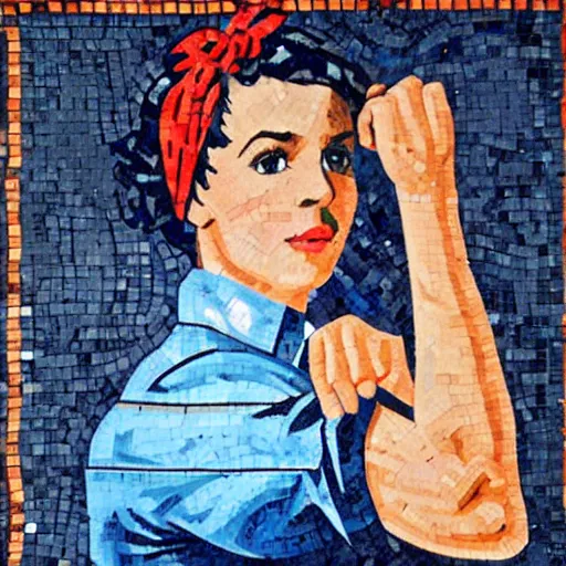 Image similar to a portrait of Rosie the riveter, Roman mosaic