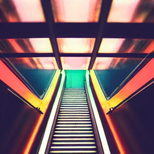 Prompt: a colour Polaroid photo of an illuminated escalator with iridescent Perspex panels in a field, nostalgic