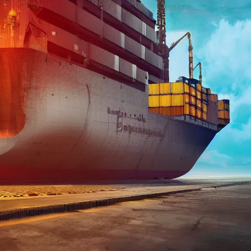 Image similar to photo of Immense industrial futuristic cargo ship arrives at cyber punk city sea port, cinematic lighting, photo