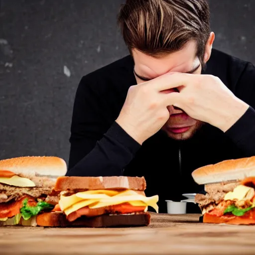 Image similar to man eating a messy sandwich and crying, food falling onto the table, sadness