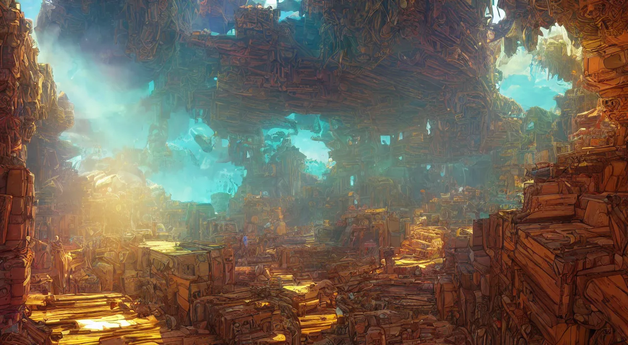 Image similar to open door wood wall fortress airship greeble block amazon jungle on portal unknow world ambiant fornite colorful radiating a glowing aura global illumination ray tracing hdr that looks like it is from borderlands and by feng zhu and loish and laurie greasley, victo ngai, andreas rocha, john harris