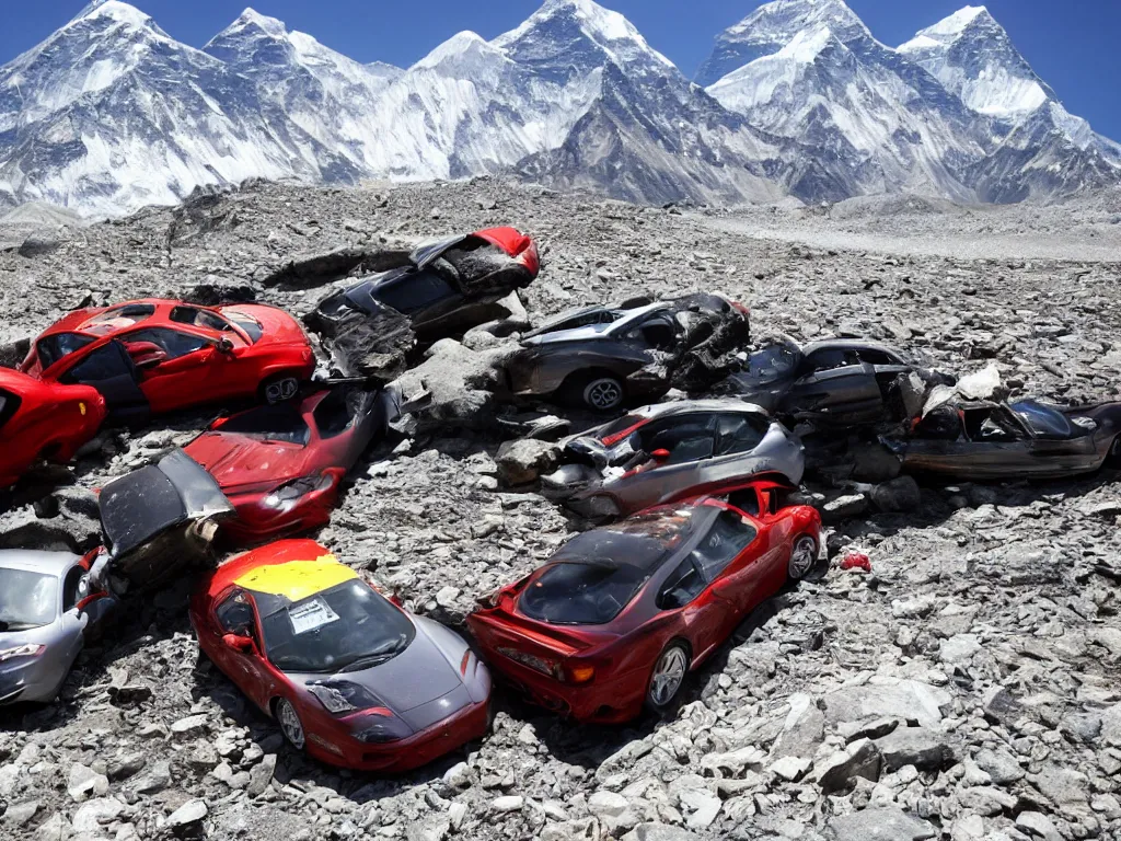 Image similar to mount everest with crashed ferraris, 3 model l