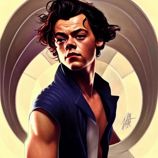 Image similar to harry styles is dressed as a superhero. clean elegant painting, beautiful detailed face. by artgerm and greg rutkowski and alphonse mucha