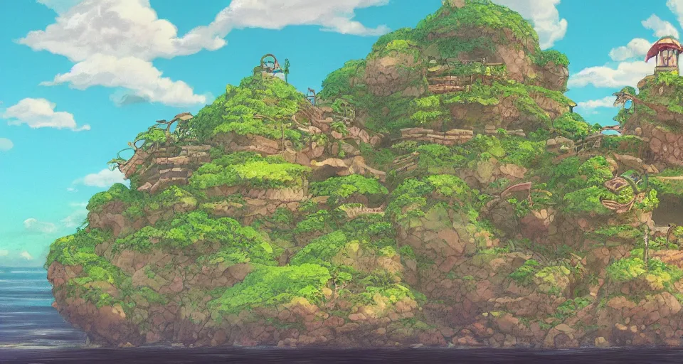 Prompt: a turtle island , fantasy painting by Studio Ghibli,trending on artstation