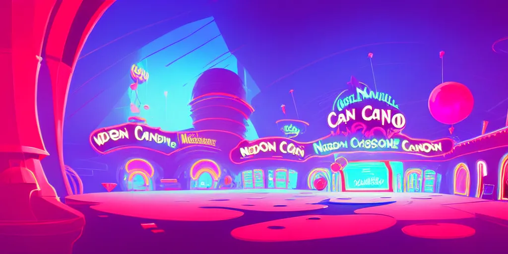 Image similar to minimalistic extreme wide angle curved perspective digital art of cotton candy indoor casino with a stage pale colors by anton fadeev from nightmare before christmas