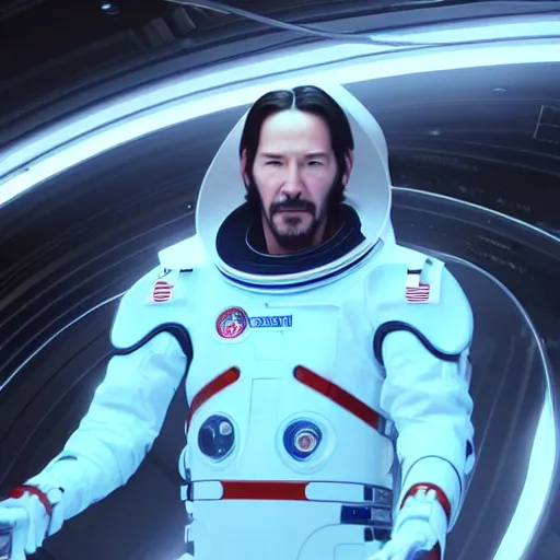 Prompt: keanu reeves in space lab wearing a futuristic space suit like tron legacy with no helmet, front face, highly detail. octane render