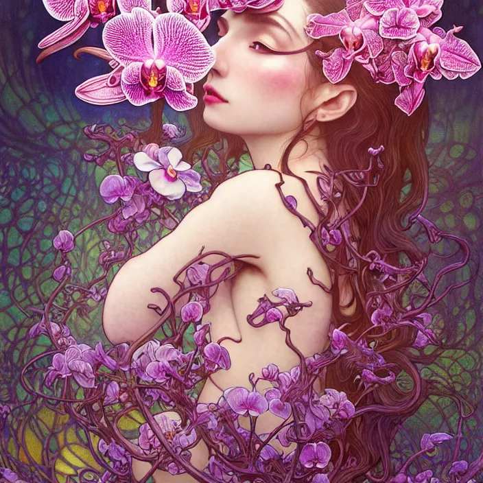 Image similar to psychedelic creature, orchid, cherry blossom tree, mushrooms, diffuse lighting, fantasy, intricate, elegant, highly detailed, lifelike, photorealistic, digital painting, artstation, illustration, concept art, smooth, sharp focus, art by John Collier and Albert Aublet and Krenz Cushart and Artem Demura and Alphonse Mucha and Giuseppe Arcimboldo