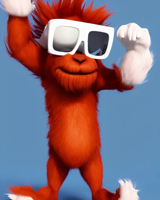 Image similar to 3 d render of completely red hairy friendly antropomorphic cartoony creature wearing white ray - ban shades, full body, simple, smiling, cute, white background, unreal engine 5 hdr