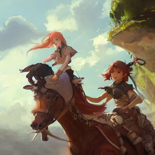 Image similar to a group of people riding on the backs of horses, a storybook illustration by krenz cushart, pixiv contest winner, fantasy art, official art, concept art, storybook illustration.