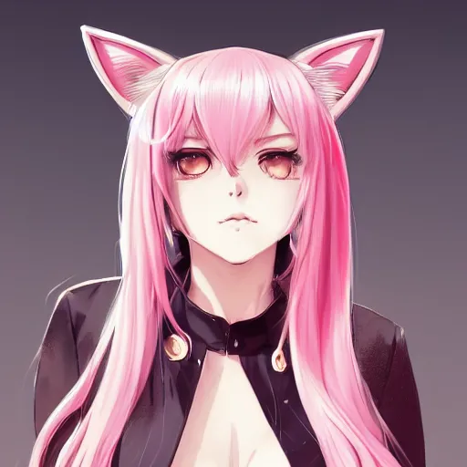 Image similar to A full headshot portrait of a woman with cat ears and pink hair, By shirow masamune, WLOP, Avetetsuya Studios, colored sketch anime manga panel, trending on artstation, pixiv art, smooth, artgem, elegant, highly detailed, pixiv trending, anime inspired, by studio trigger, attractive character