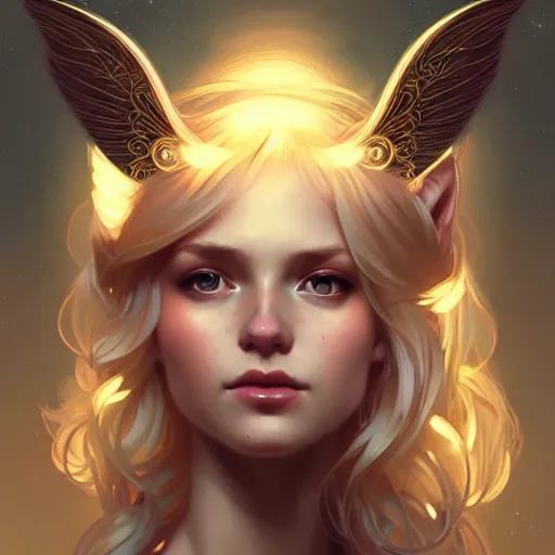 Prompt: Portrait of a girl angel with blonde hair, cat ears, glowing halo, wings, fantasy, intricate, elegant, highly detailed, digital painting, artstation, concept art, smooth, sharp focus, illustration, art by Krenz Cushart and Artem Demura and alphonse mucha