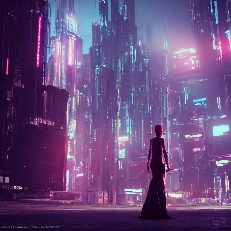 Image similar to Woman in the evening dress in the cyberpunk city by Ivan Lopez, photorealistic, unrealengine, 3d render, 8k resolution