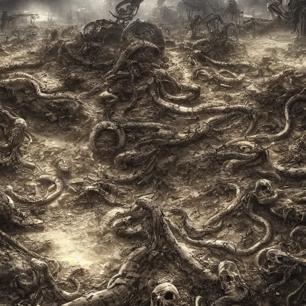 Image similar to snakes crawling from skulls in apocalyptic wasteland, depressing, morbid, surreal, 4 k, digital art, concept art, trending on artstation, highly detailed, epic composition