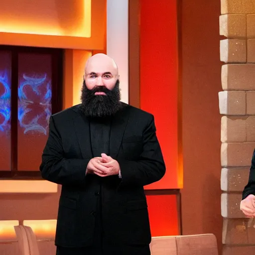 Prompt: Orthodox priest beard Kevin O'Leary investing in a company, in Shark Tank (2016)