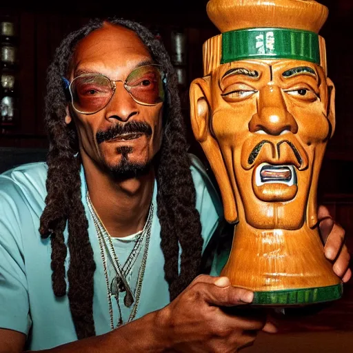 Image similar to snoop dogg at trader vic's bar holding a tiki mug with his face on it