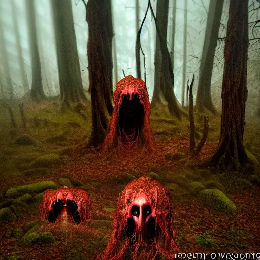 Prompt: elder demons from the abyss in a misty forest, red webs and fungus, trail camera footage