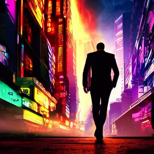 Prompt: a man in a suit walking away from an explosion, cityscape, neon, cyberpunk, bladerunner