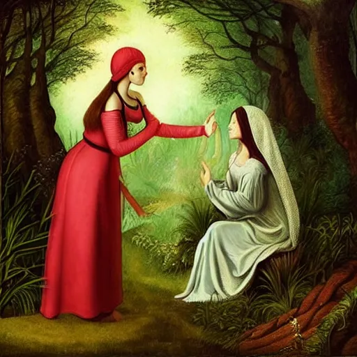 Prompt: “ sensual medieval nurse treating young goddess in a magical forest, artwork, fantasy ”