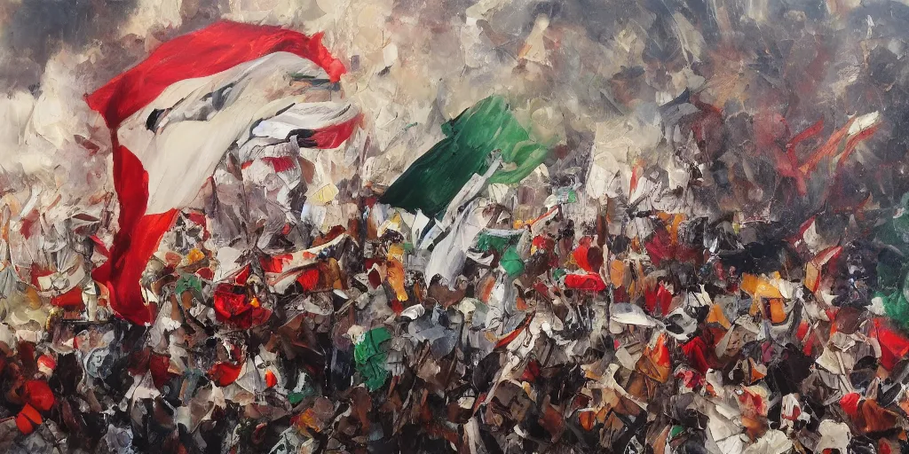 Prompt: dramatic oil painting of freedom for palestine, red green white black