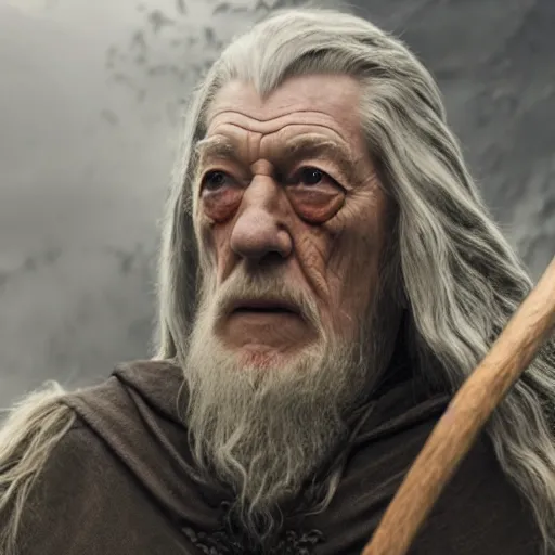 Image similar to the evil ian mckellen as gandalf in a dark viking hood playing odin all father from the thor movie crafting a neural network with synapses on an anvil, highly detailed, cinematic shot, cinematic lighting, 8 k, exquisit facial detail