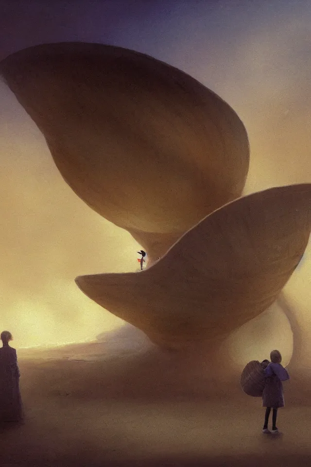 Prompt: atmospheric painting of a giant seashell house, a young girl stands outside, by john harris and moebius, atmospheric, concept art