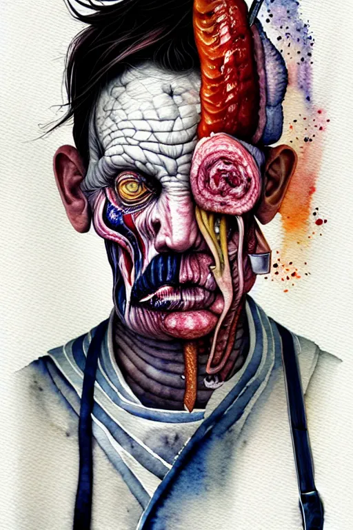 Prompt: watercolor portrait of a butcher with a white apron, surrealism, outrun, painting, dramatic, detailed, by android jones