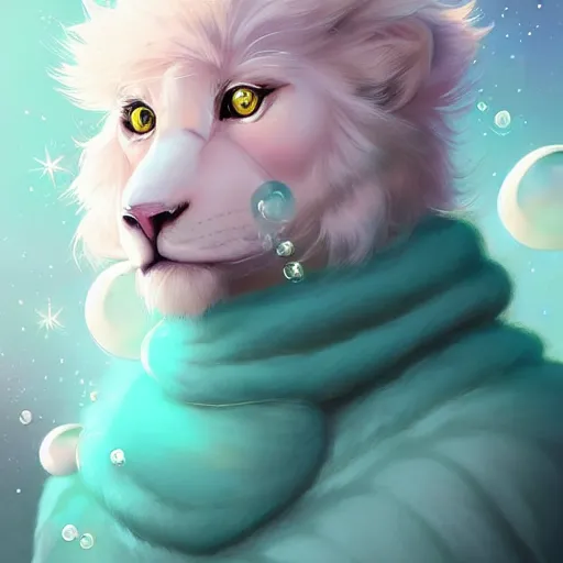 Image similar to aesthetic portrait commission of a albino male furry anthro lion surrounded by floating bubbles and floating puffy clouds while wearing a cute mint colored cozy soft pastel winter outfit with shiny pearls on it, winter Atmosphere. Character design by charlie bowater, ross tran, artgerm, and makoto shinkai, detailed, inked, western comic book art, 2021 award winning painting