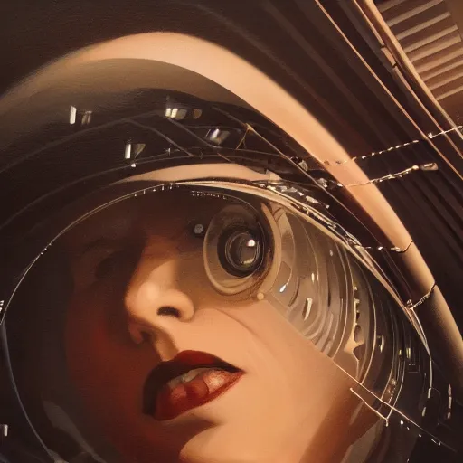 Image similar to detailed face of a woman, clockwork, moment, tectonic sky, skydome, bullet train, turbines, utopian, tech noir, wet reflections, prism, atmospheric, ambient, pj crook, syd mead, livia prima, artgerm, greg rutkowski, nick alm, casey baugh