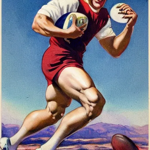 Image similar to 1920s magazine advertisement featuring a handsome blonde rugby player in a running pose, rugby ball in the crook of his arm, full color painting by J.C. Leyendecker