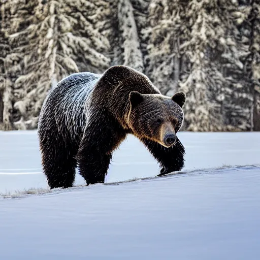 Image similar to Photorealistic photograph of a bear in snow by Sergey Gorshkov, photorealism, photorealistic, realism, real, highly detailed, ultra detailed, detailed, f/2.8L Canon EF IS lens, Canon EOS-1D Mark II, Wildlife Photographer of the Year, Pulitzer Prize for Photography, 8k