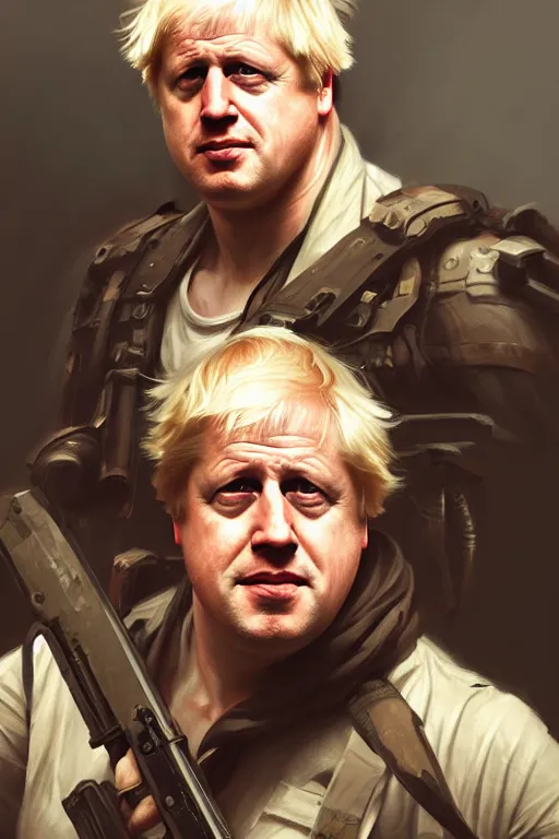 Image similar to Boris Johnson as Rambo, portrait, highly detailed, digital painting, artstation, concept art, smooth, sharp focus, illustration, cinematic lighting, art by artgerm and greg rutkowski and alphonse mucha