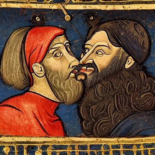 Image similar to medieval art, bearded man kissing bearded man