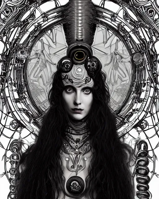 Image similar to Pre-raphaelite Perfectly-centered Hyperdetailed Hyper realistic symmetrical cinematic RPG portrait-illustration of a beautiful aetherpunk cyberpunk Medusa with glowing eyes in a black otherworldly dress and long ravepunk snakes for hair. She's near lovecraftian towers in a surreal landscape, style of epic sci-fi comic-book cover, 3D rim light, octane, artstation, cgsociety, smooth digital art, sharp focus