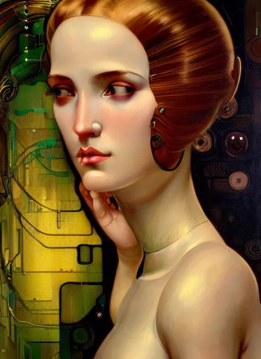 Image similar to portrait of a beautiful female android, coy, circuitry visible in head, in the style of ex machina, digital painting, karol bak, alphonse mucha, gil elvgren, award winning, hr giger, artstation, 8 k