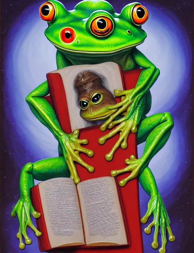 Image similar to anthropomorphic bipedal frog that is dressed in robes, and holding a giant book in his hand, as a matte oil painting and d & d character art, by alex grey, standing, fullbody, floating bubbles, psychedelic, award - winning, extremely detailed, sharp focus
