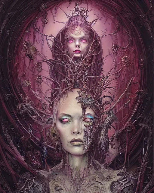 Prompt: a beautiful detailed front view portrait of a dead rotten princess with cyberpunk ornate growing around, ornamentation, elegant, beautifully soft and dramatic lit, by wayne barlowe, peter mohrbacher, kelly mckernan