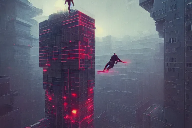 Prompt: man falling from the top of the building, sci fi, art by mike winkelmann, trending on cgsociety, retrofuturism, darksynth, sci - fi, red, black, poster