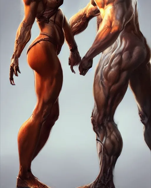 Prompt: female athletic body type and male warrior strong body type holding each other close by Boris Vallejo, moody, character design concept art, diablo, warcraft, hard surface, Character design, dramatic, highly detailed, photorealistic, digital painting, painterly, artstation, concept art, smooth, sharp focus, art by John Collier and Krenz Cushart and Artem Demura and Albert Aublet