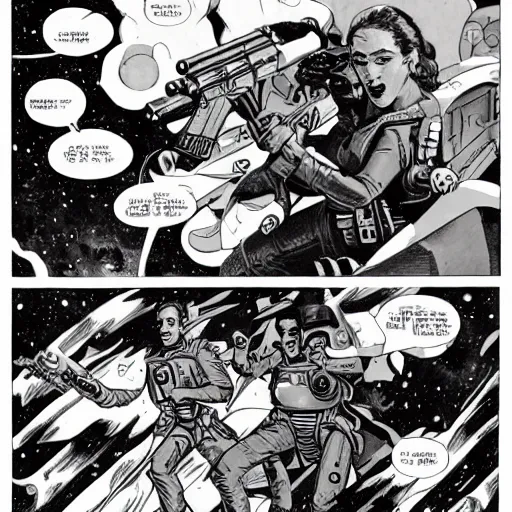 Image similar to space opera gunfight, in the style of wally wood, photorealistic