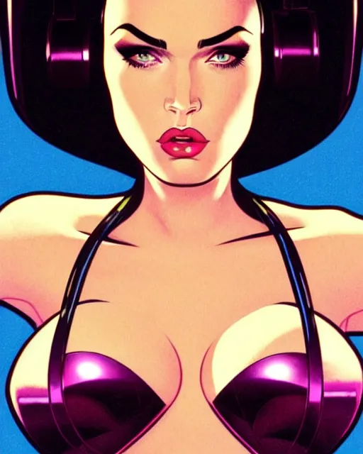 Image similar to low angle closeup very seductive megan fox retro scifi goddess pinup, vr goggles, action glamour pose, windblown dark hair, hyper detailed, digital art, studio lighting, smooth, ambient lighting, sharp focus, frank miller, wlop, anna dittmann, moebius!, alphonse mucha, patrick nagle!!!, rim lighting, synthwave