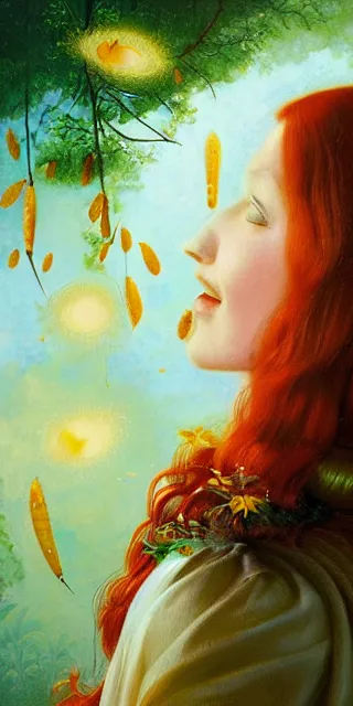 Image similar to infp young woman, smiling amazed, golden fireflies lights, full covering intricate detailed dress, amidst nature, long red hair, accurate linework, green eyes, small nose with freckles, oval shape face, realistic, expressive emotions, dramatic lights, hyper realistic ultrafine art by artemisia gentileschi, caravaggio, jessica rossier, boris vallejo