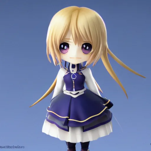 Image similar to 3d render of violet evergarden as a cute chibi figurine, blonde, blue eyes, blue-white dress, blender, artstation